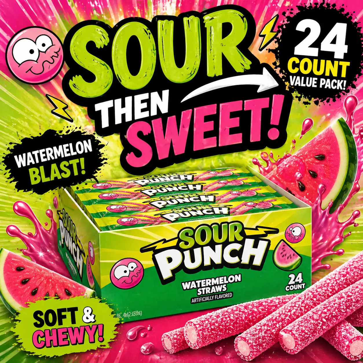 Sour Punch Watermelon Straws 24 Count  Sweet & Sour Candy Straws | Soft & Chewy Watermelon Treats for Parties & Snacking