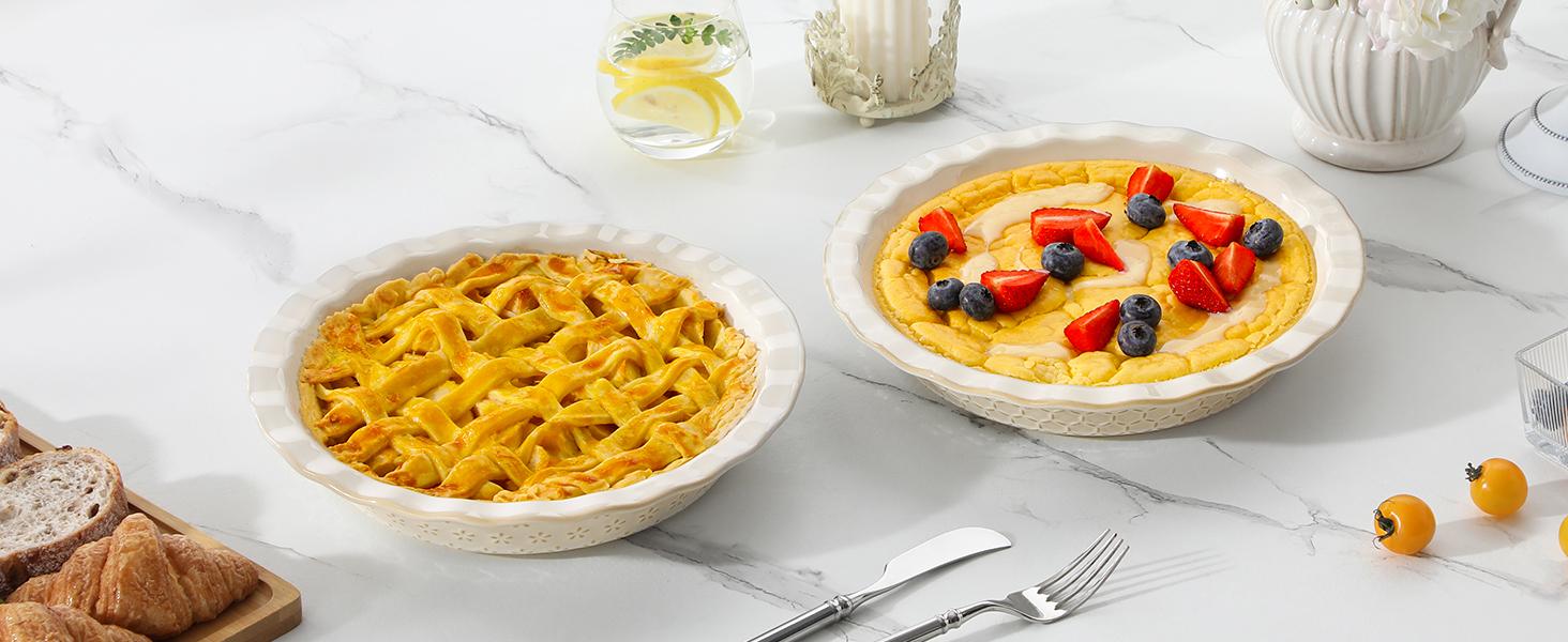 MALACASA 9 Inch Pie Pan, Embossed Deep Dish Pie Plate for Baking, Quiche, and Apple Pie, 45 OZ Round Fluted Dish Safe for Oven Use, Series Lydia Winter Holiday