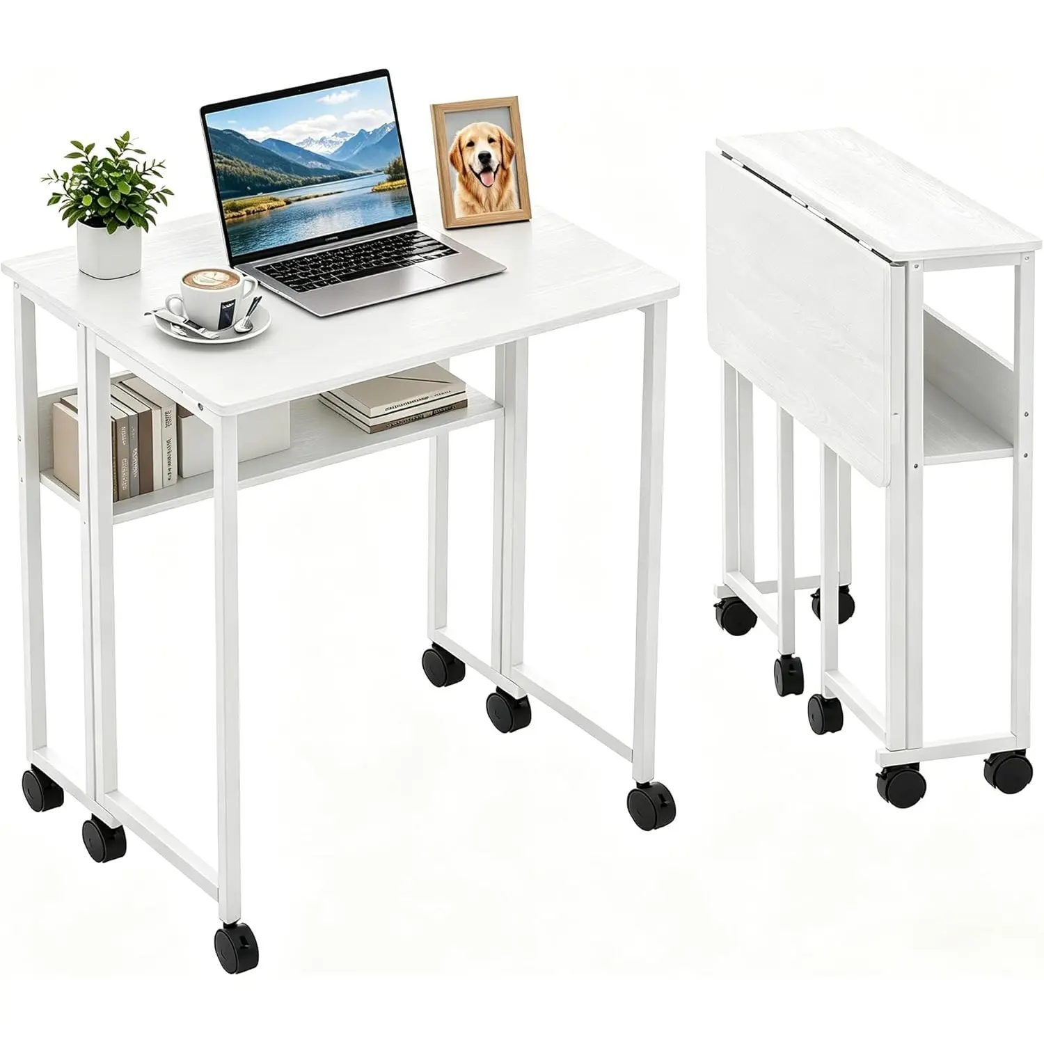 Space-Saving Folding Desk with Storage Shelf & Wheels – Portable Compact Computer Table – Sturdy Iron Frame, Easy Assembly – Rolling Writing Desk for Home Office, Bedroom, Dorm – Natural Wood Finish