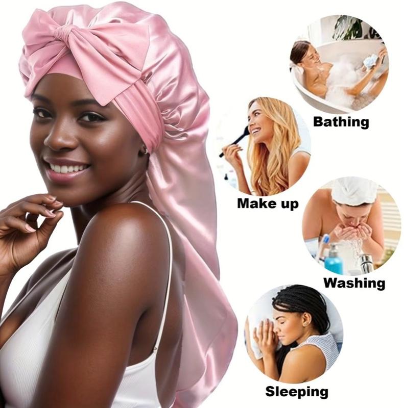 Silk 2pcs Long Hair Bonnets for Sleeping - High-Quality Satin Material with Soft Feel for Comfortable Sleepwear Haircare Black+ Pink Heatless