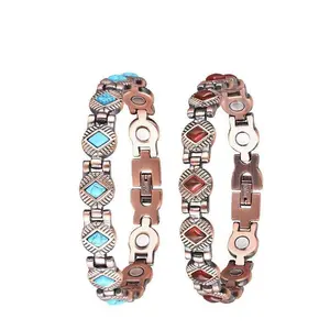 Vintage Style Copper Magnetic Bracelets with Natural Turquoise & Red Agate Inlays, Energizing & Caring for Your Hands, Perfect Gift for Couples/Sisters/Friends
