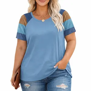 Plus Size Tops for Women Summer Raglan Color Block T Shirts Short Sleeve Loose Fit Tee