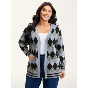 【Pocket Approved】Bloomchic Geometrical Pattern Open-Front Knit Cardigan