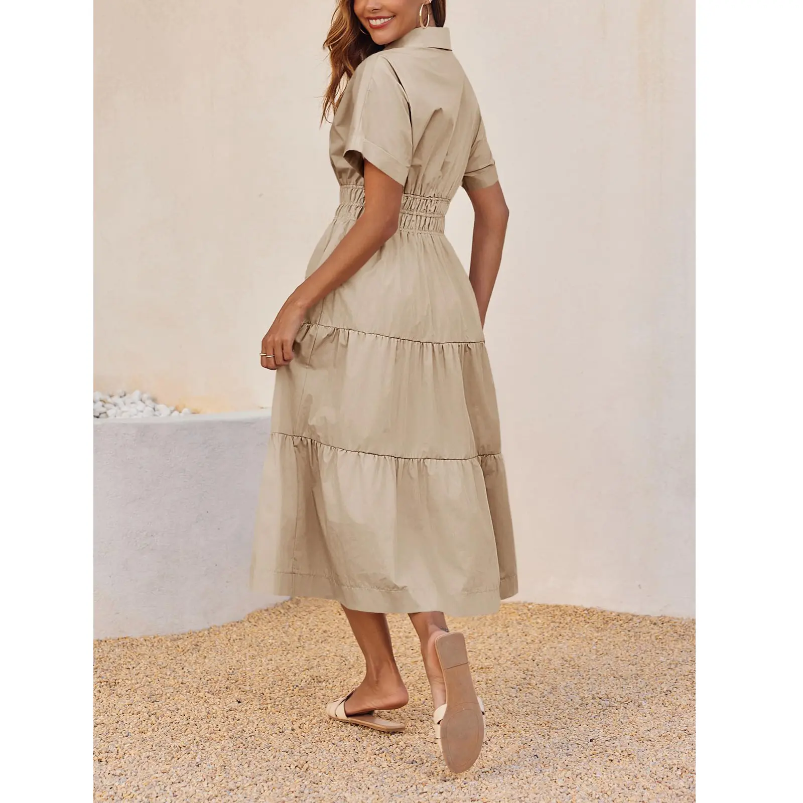 Wenrine Women's Summer Short Sleeve Maxi Dresses Casual V Neck Smocked Loose  Tiered Flowy Shirt Dress with Pockets - TikTok Shop