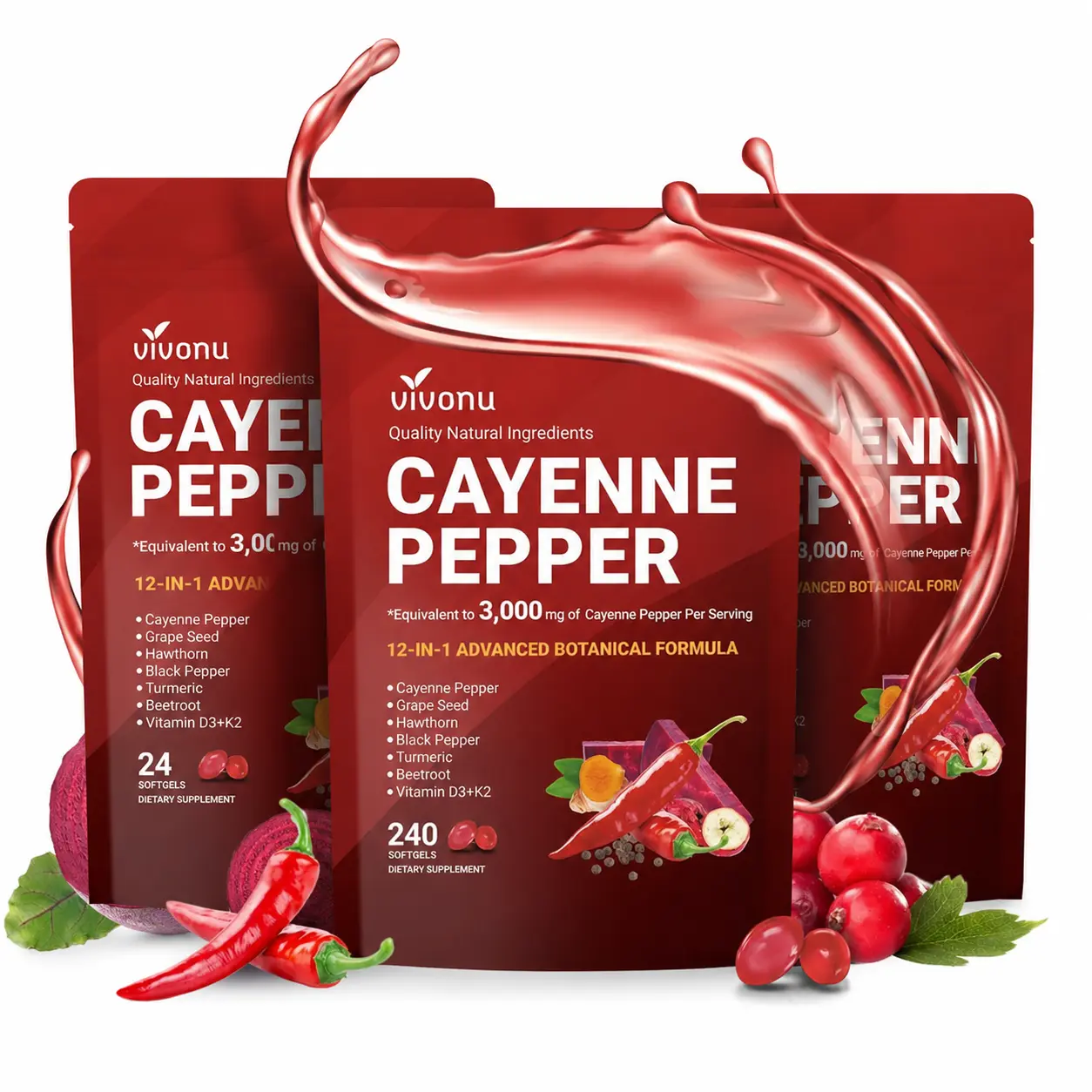 VivoNu Cayenne Pepper Softgels Supplement, Supports Leg Vein, Heart and Blood Vessel Health, with Vitamin E D3+K2 and Extracts of Grape Seed, Hawthorn, Beetroot and Others (240 Softge /1 Bag) SummerVibes