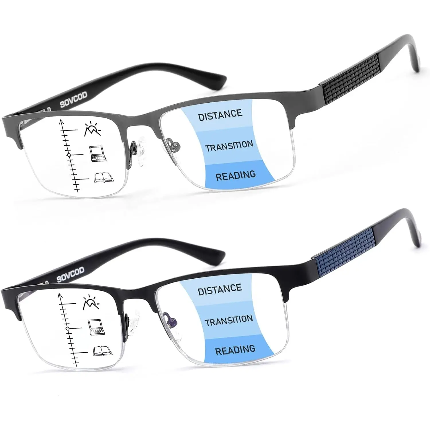 ZOECHIC Men's 2-Pack High Quality Eyewear, Progressive Multifocus Reading Glasses, Blue Light Blocking, Spring Hinge, Half-Frame Metal Multifocal Readers, Pc, Work, Metal Frame, Male, Polycarbonate