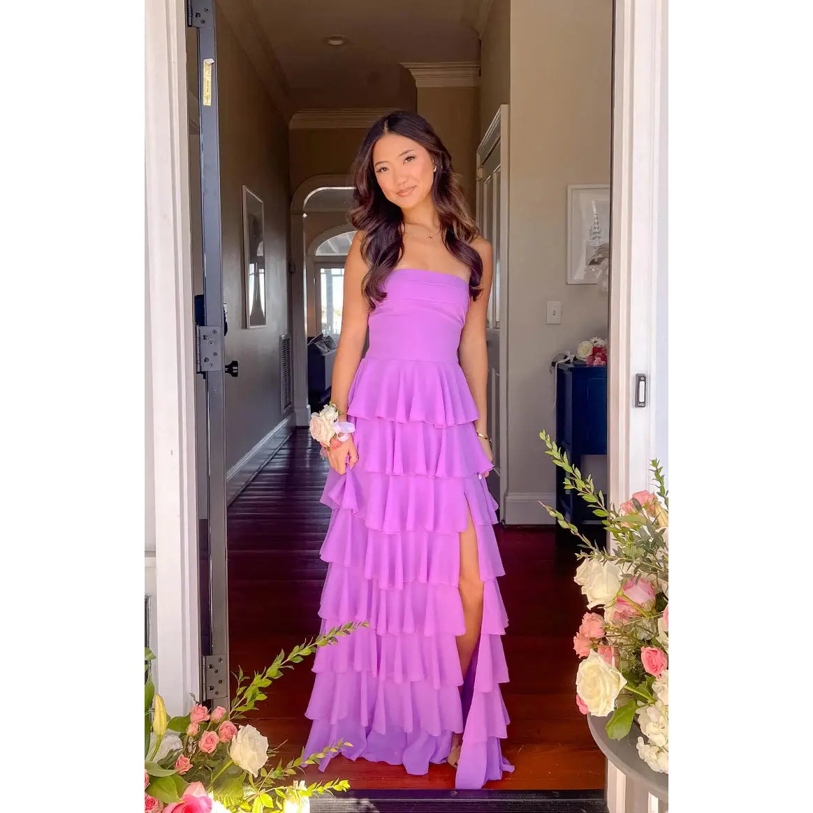 Kim Magenta Strapless Ruffle Maxi Dress