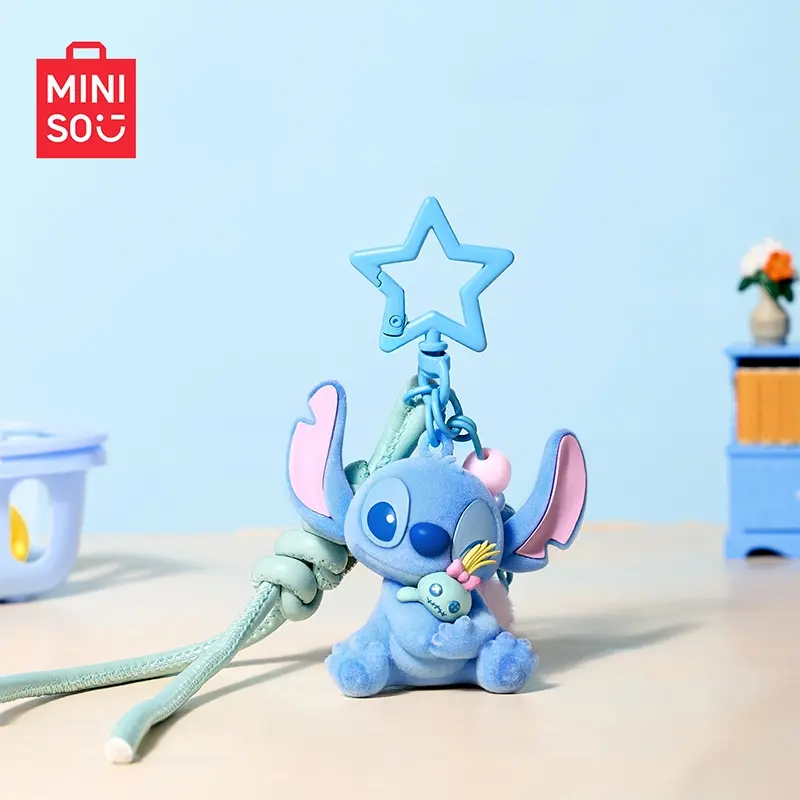 [Back to school]MINISO Disney Stitch Flocked Hug Keychain, Cute Scrump Plush Bag Charm, Kawaii Couple Accessory for Backpack, Car Key, Gift#Summervibes Stylish Keyring, Back To School