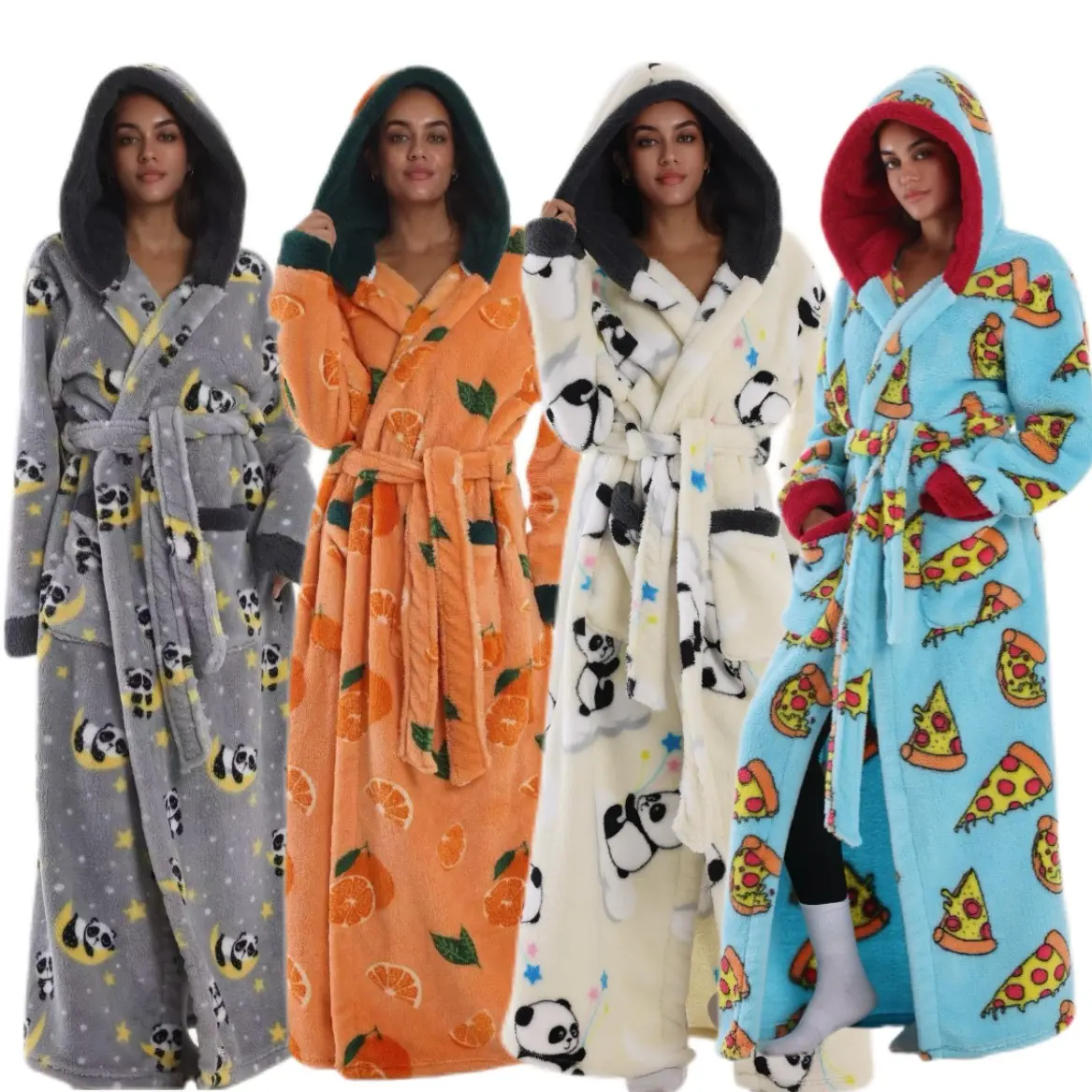 Pizza Cartoon Full Print Hooded Bathrobe, Long Sleeve, Soft & Comfortable, Unisex, Fall Winter Gift, 9 Designs Available