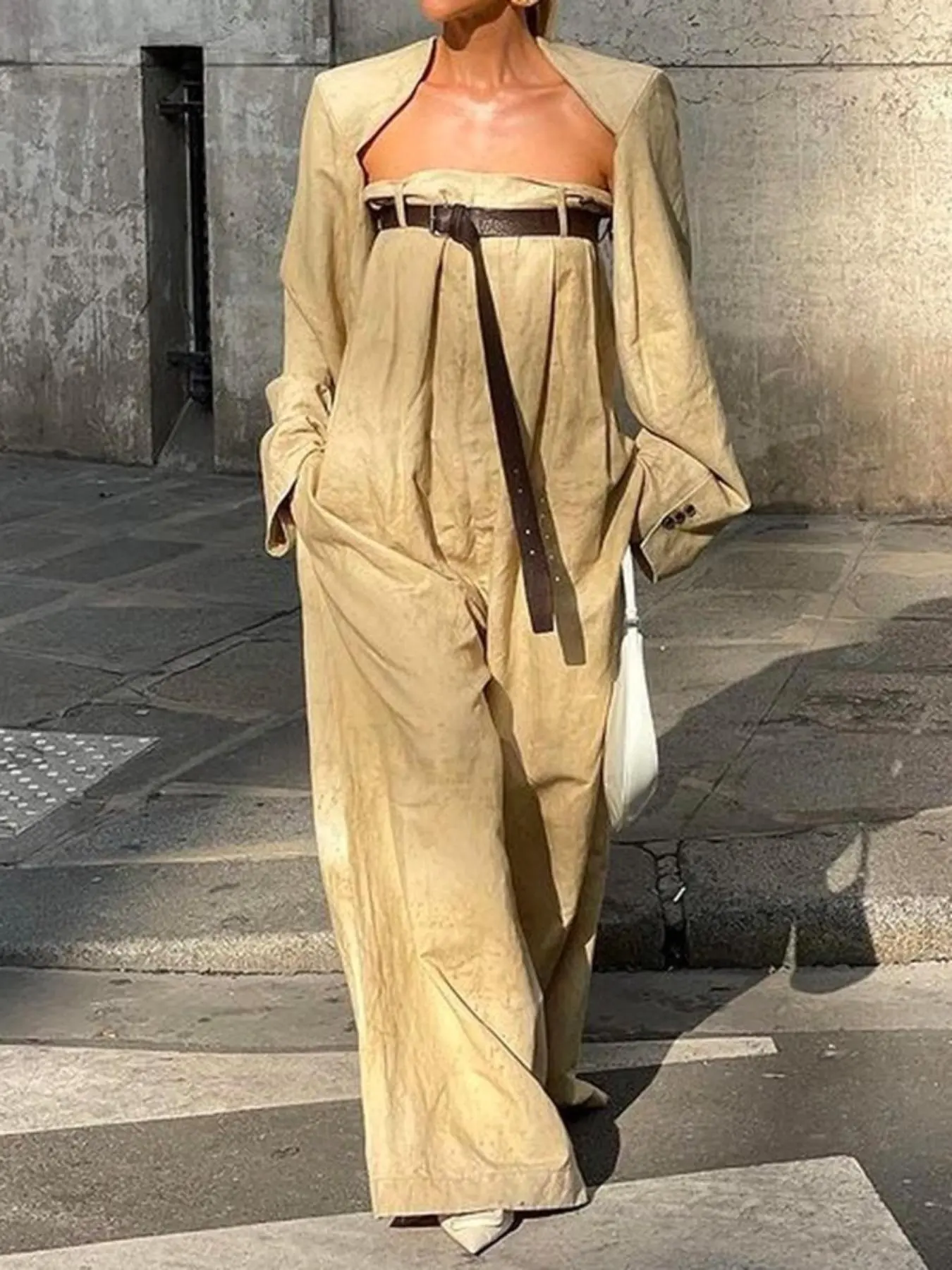 Women's Solid Fitted Coat & Jumpsuit with Belt Set, Casual Chic Long Sleeve Coat & Jumpsuit, Ladies Clothes Outfit for All Seasons, Casual Comfy Jumpsuit