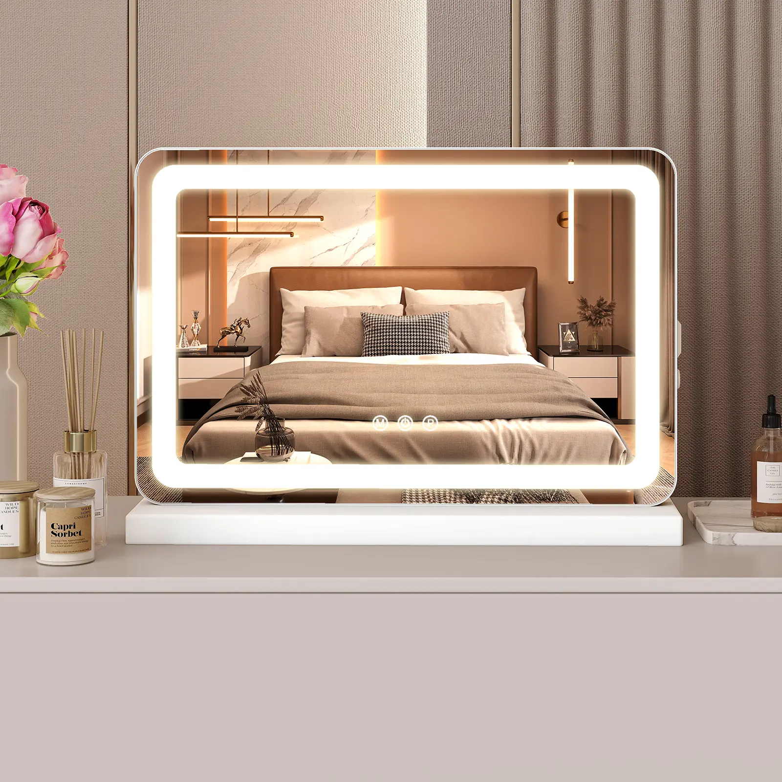 Sweetcrispy LED Lighted Vanity Mirror - Adjustable Lighted, 3 Dimmable Color Modes, Touch Screen Control, Square White Modern Home Decor Item for Aesthetic Room & Bathroom Supplies, Adjustable Lighted Mirror, Modern Mirror