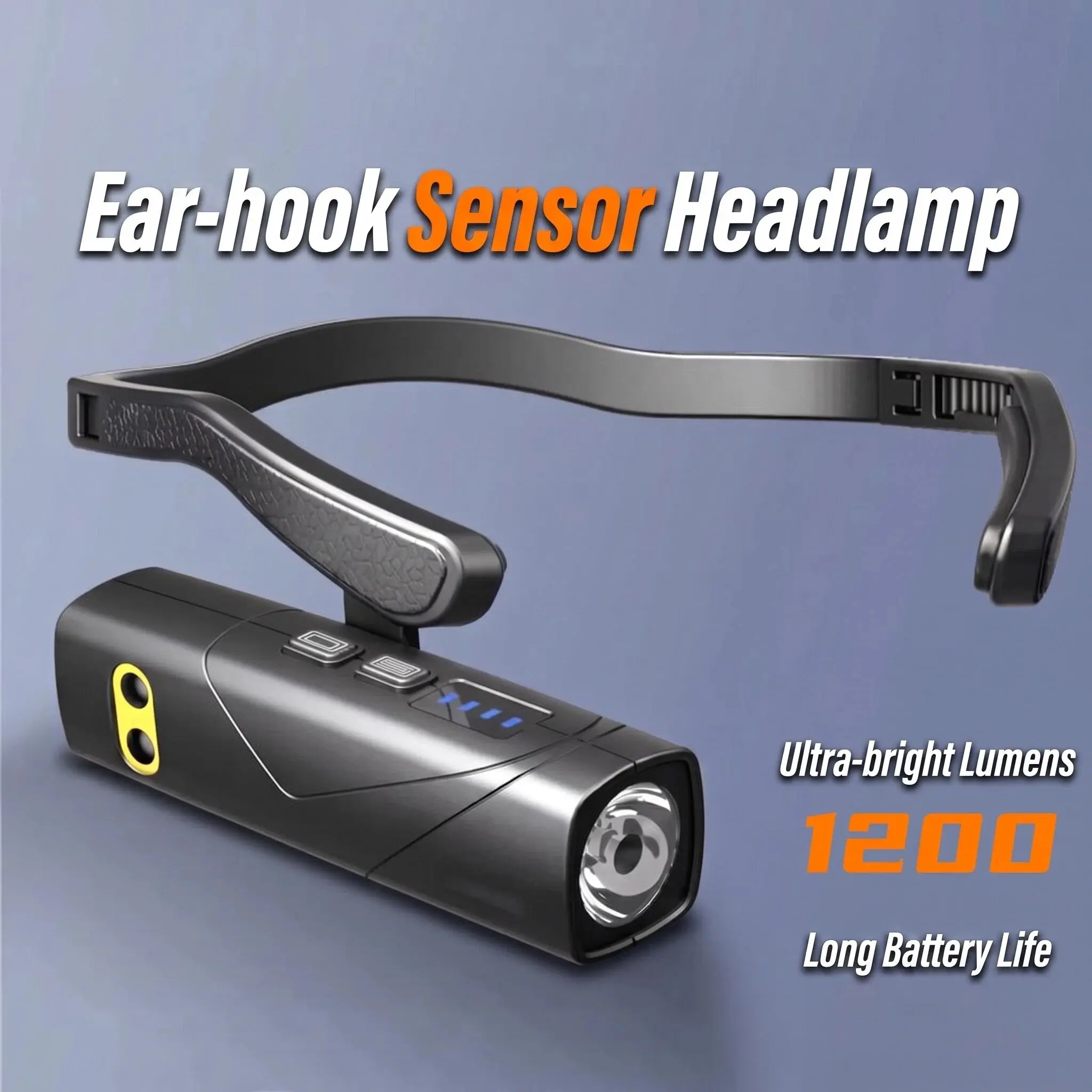 1200-lumen motion-sensing ear-hook headlamp, USB rechargeable hands-free LED headlamp, 10-hour long-lasting waterproof headlamp, suitable for running, fishing, camping, and work wide beam head lamp