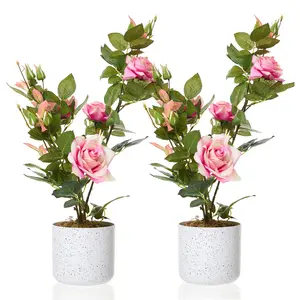 Garvee 19.7" Potted Artificial Pink Rose Tree 2 Pack - Lifelike Indoor Faux Flower Plants in White Plastic Pots, Maintenance-Free Decor for Home, Office, Porch, Balcony