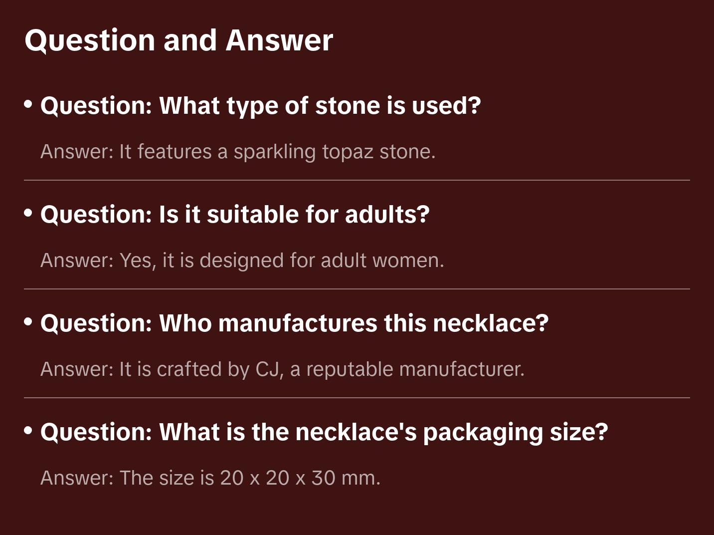 Women's Sterling Silver Topaz Stone Necklace