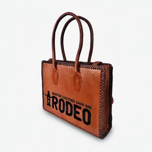Heritage Rodeo Genuine Leather Black Embroidered Tote Bag Western Whipstitch Handbag | Houston Livestock Show and Rodeo