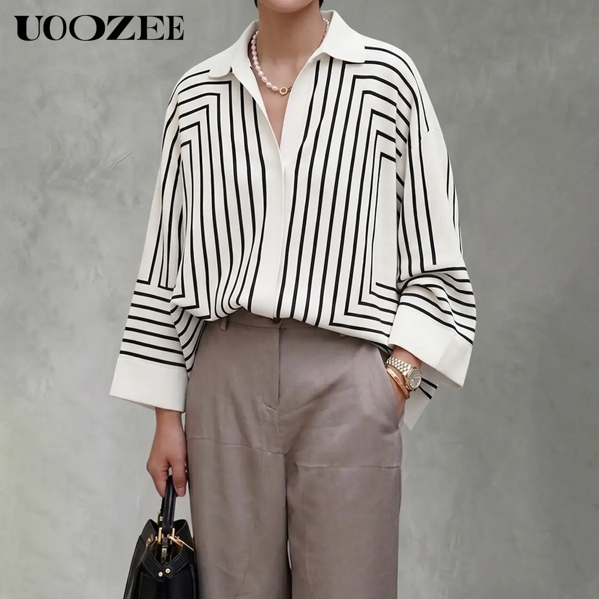 UOOZEE Women's Geometric Stripe Blouse, Oversized Button-Down Shirt for Business Casual Office Work, Comfy Casual Polyester Top with High-Low Hem, Office Work Clothes,back to school,back to school shopping, Female Stylish Clothes, Classy Tops