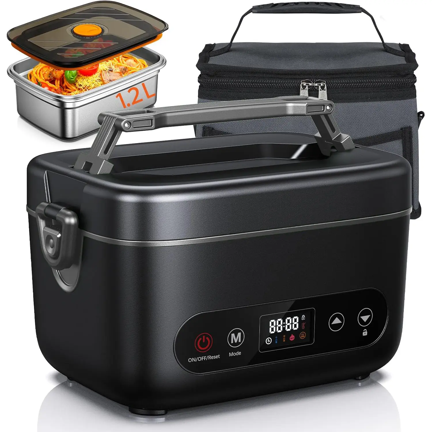 Cordless Electric Heated Lunch Box - 1.2L Leakproof Silicone-Steel Portable Container with Tableware, Fork, Spoon, Insulated Carrying Pouch for Office, Truck Use