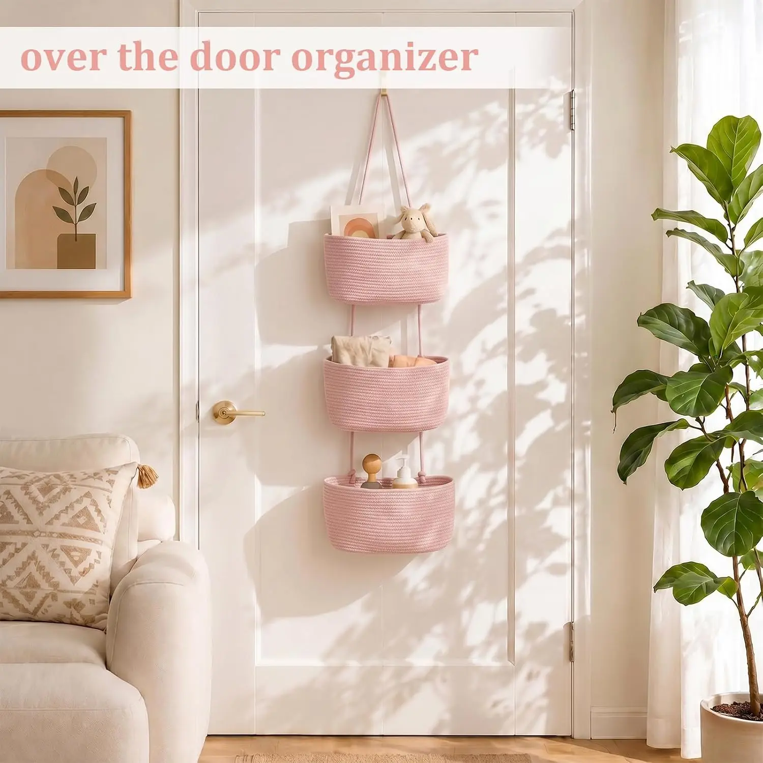 Free Ship | 3-Tier Woven Cotton Over The Door Basket with Hooks, Hanging Wall Storage Organizer for Bathroom, Nursery, Baby Diapers, Toys, Laundry Room & Home Organization