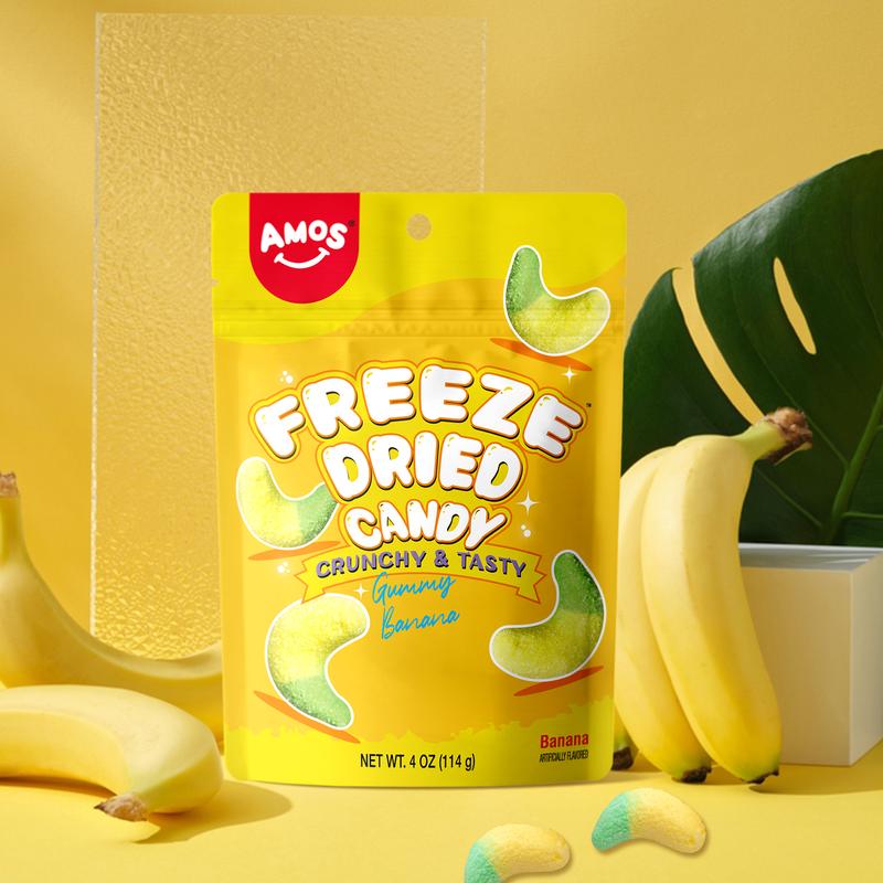 Amos Freeze Dried Gummy Rings, Banana, Skittles & Worms -Premium Tasty Fat-Free Gluten-Free Perfume Bonbon Sweet Snack Strawberry
