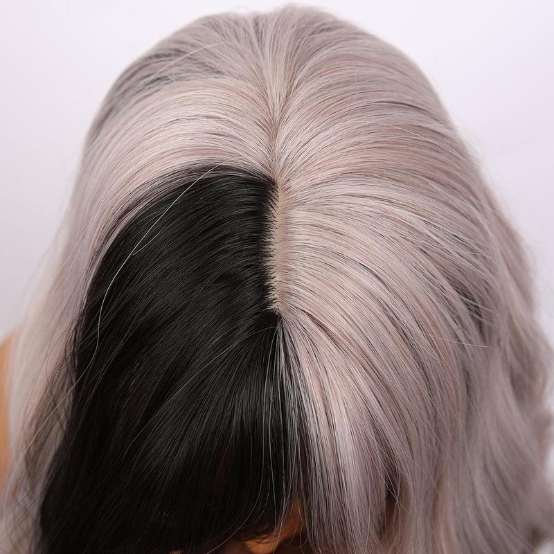 SMILCO/28Inch Highlight Black and Grayish-pink with Bangs Synthetic Hair For Halloween/Cosplay /SM391