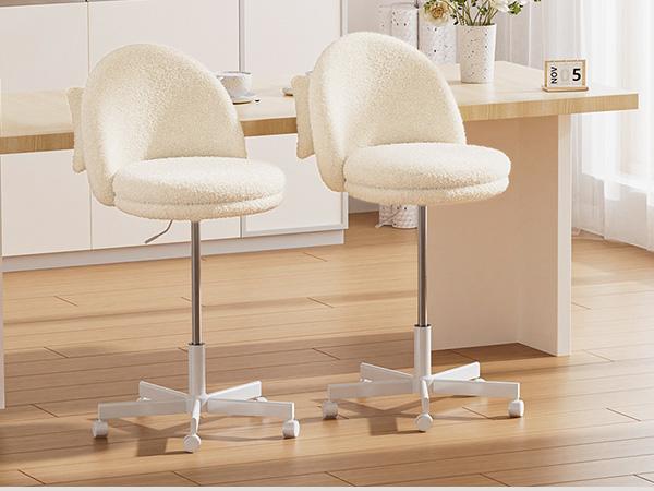 COMHOMA Teddy Velvet Office Chair with Wheels - Versatile Height Adjustment 17.7" to 23.6" - Ergonomic Design with Bow Lumbar Pillow - Compact Armless Vanity Chair for Desk & Bar Stools - Perfect Gift