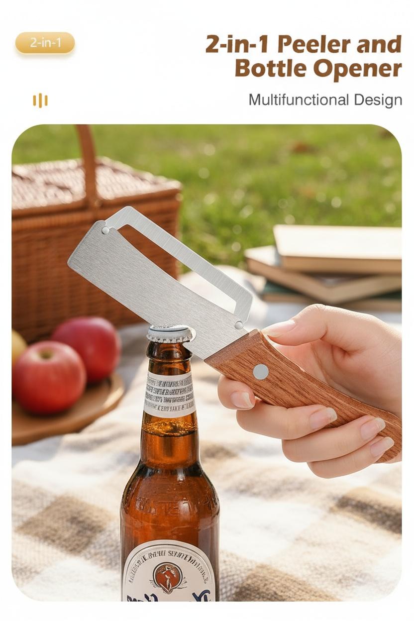 2PCS 2-in-1 Fruit & Veggie Peeler with Bottle Opener Sharp Stainless Steel Wooden Handle Ergonomic Non-slip Design for Comfortable Grip 2PCS 2-in-1 Fruit & Veggie Peeler with Bottle Opener Sharp Stainless Steel Wooden Handle Ergonomic Non-slip Design for Comfortable Grip