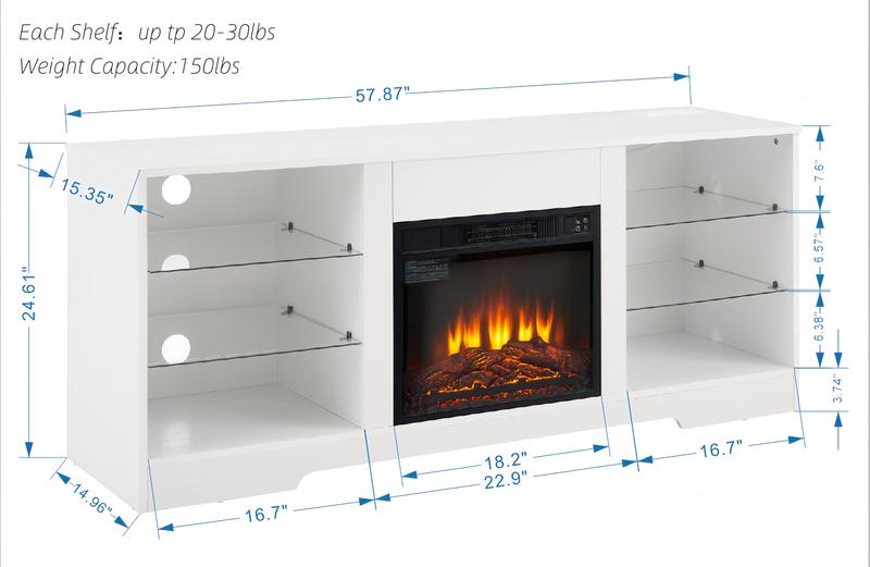 58 Inch Modern TV Stand with Electric Fireplace, LED Light Glass Shelves Entertainment Center, USB Outlets & Storage for TVs up to 65", Living Room TV Console in White