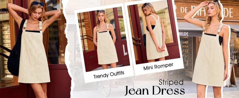 Imily Bela Womens Casual Striped Denim Dress Summer Pinafore Overalls Romper Adjustable Straps Jumper Dress with Pockets