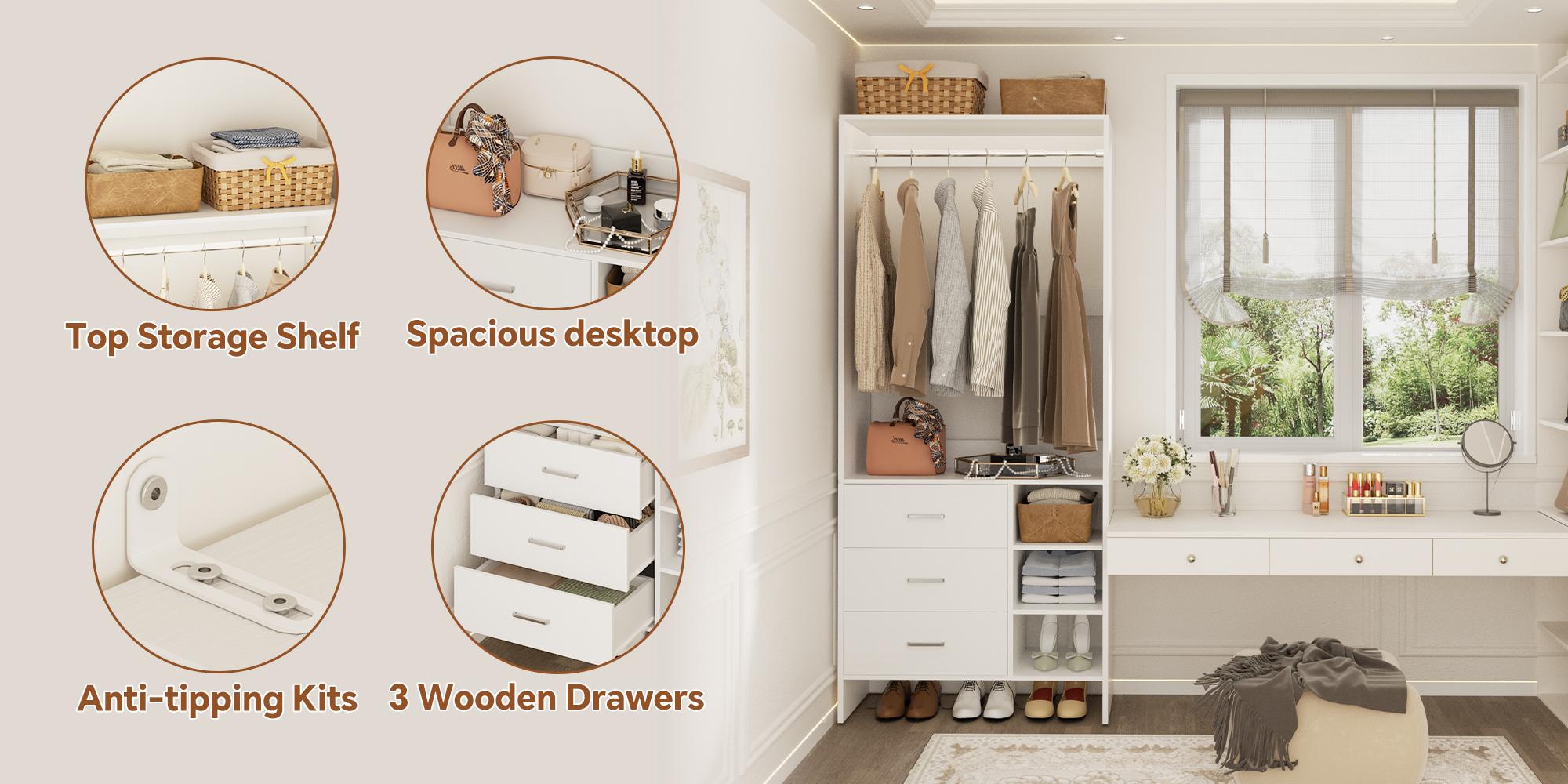 30'' W  Freestanding Closet System with 3 Wooden Drawers and Hanging Rod, Sturdy 2.5 FT Walk-in Closet Organizer with Storage Shelves