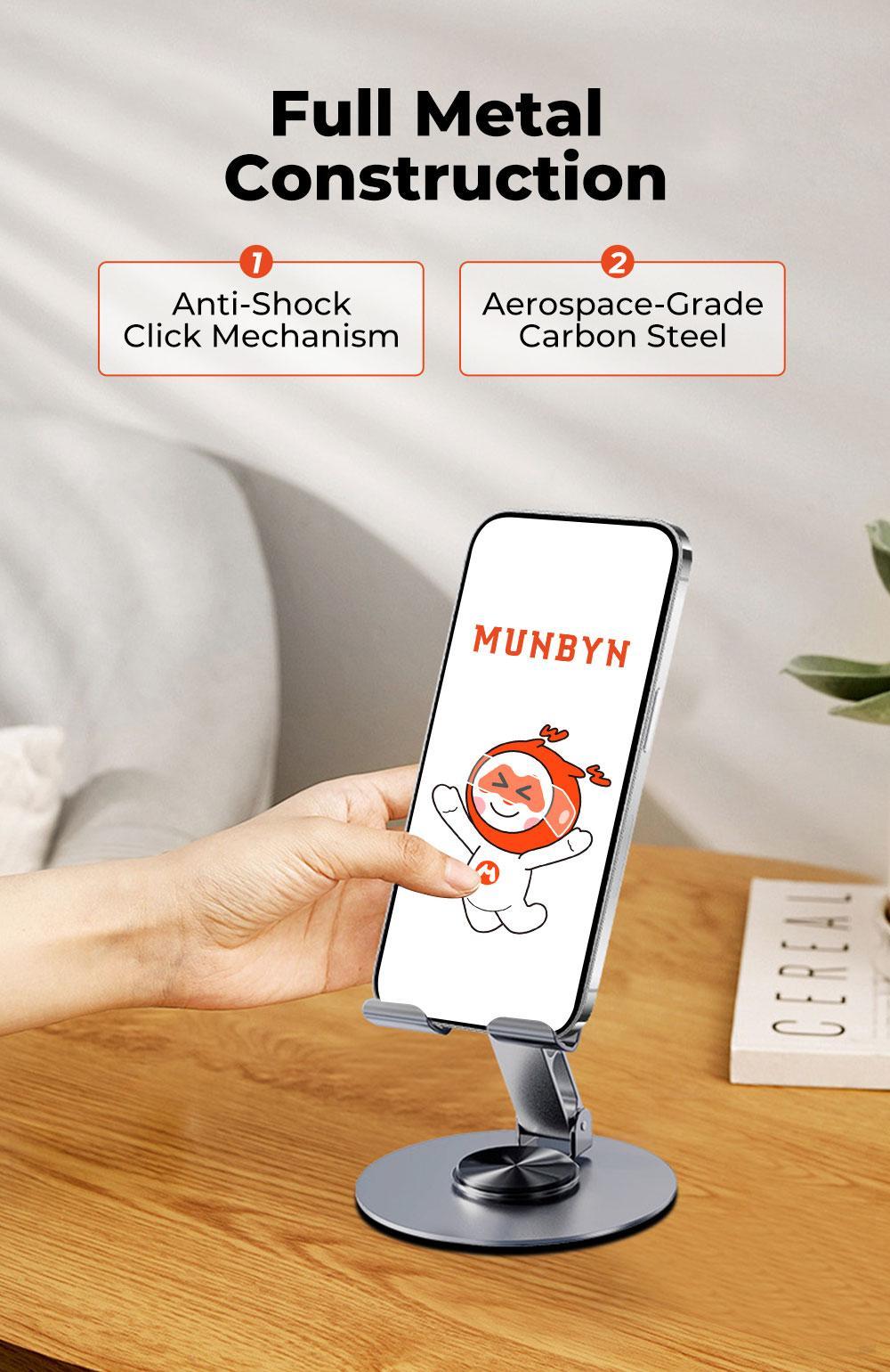 MUNBYN 360° Stable Alloy Phone and Tablet Holder, Portable Ultra Strong Support, Suitable for Home and Office, Durable Black Smartphone Stand