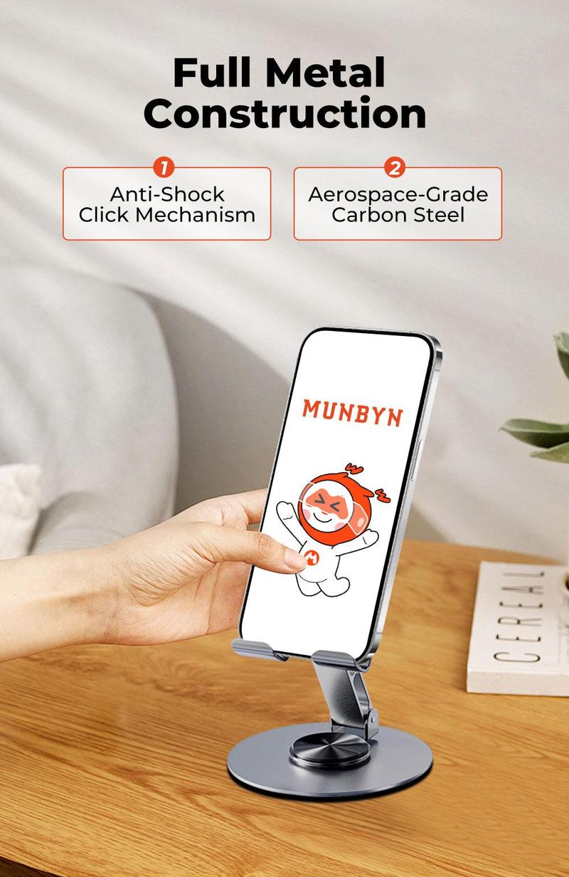MUNBYN 360° Stable Alloy Phone and Tablet Holder, Portable Ultra Strong Support, Suitable for Home and Office, Durable Black Smartphone Stand