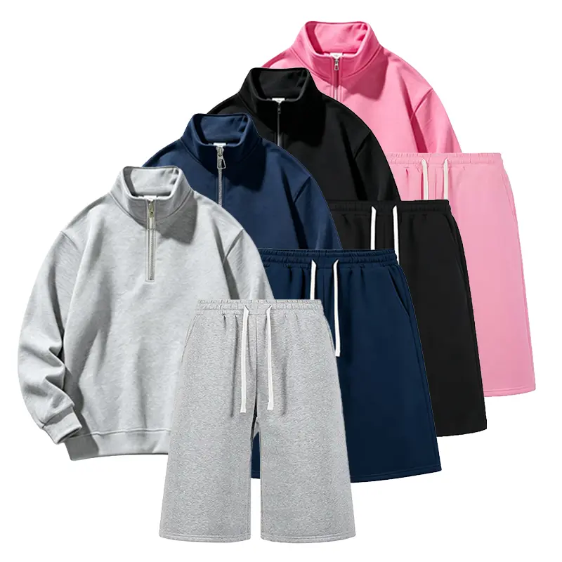 Men’s casual two-piece set — half-zip stand collar sweatshirt + wide-leg shorts, regular athletic set with elastic waistband and drawstring design