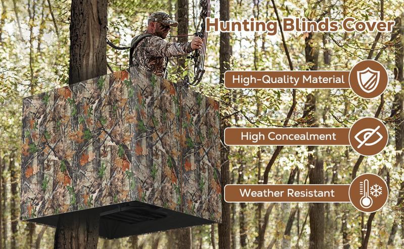 Hunting Blinds Cover, 142" x 35" Large Tree Stand Blinds Cover, Enhanced Securing Ties for Tree Stand Blind Kit, Deer Hunting Accessories with Silent Buttons, Camo Netting with Zipper