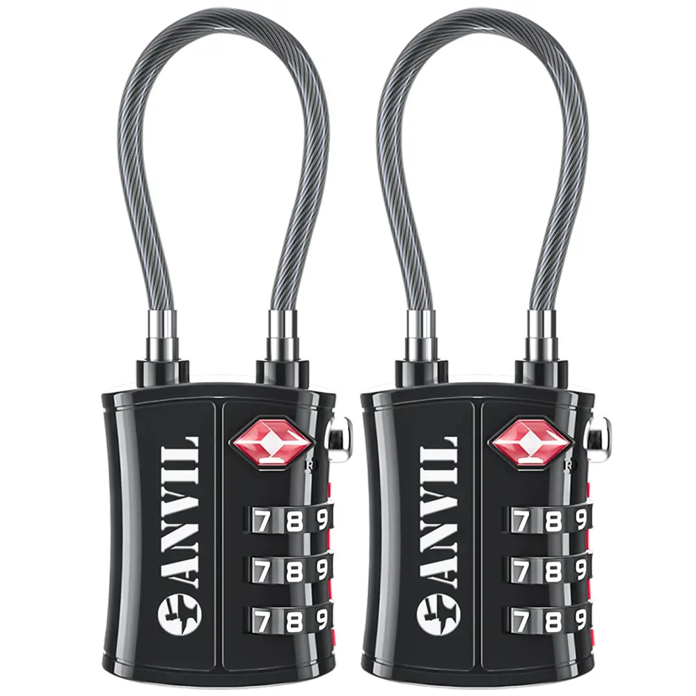 TSA Approved Luggage Locks, Metal Alloy Cable Padlock with Resettable 3-Digit Combination Dial for Anti-Theft Travel Security, Anti-Theft Luggage Locks, Golf Bags, Anvil, Outdoor Tents