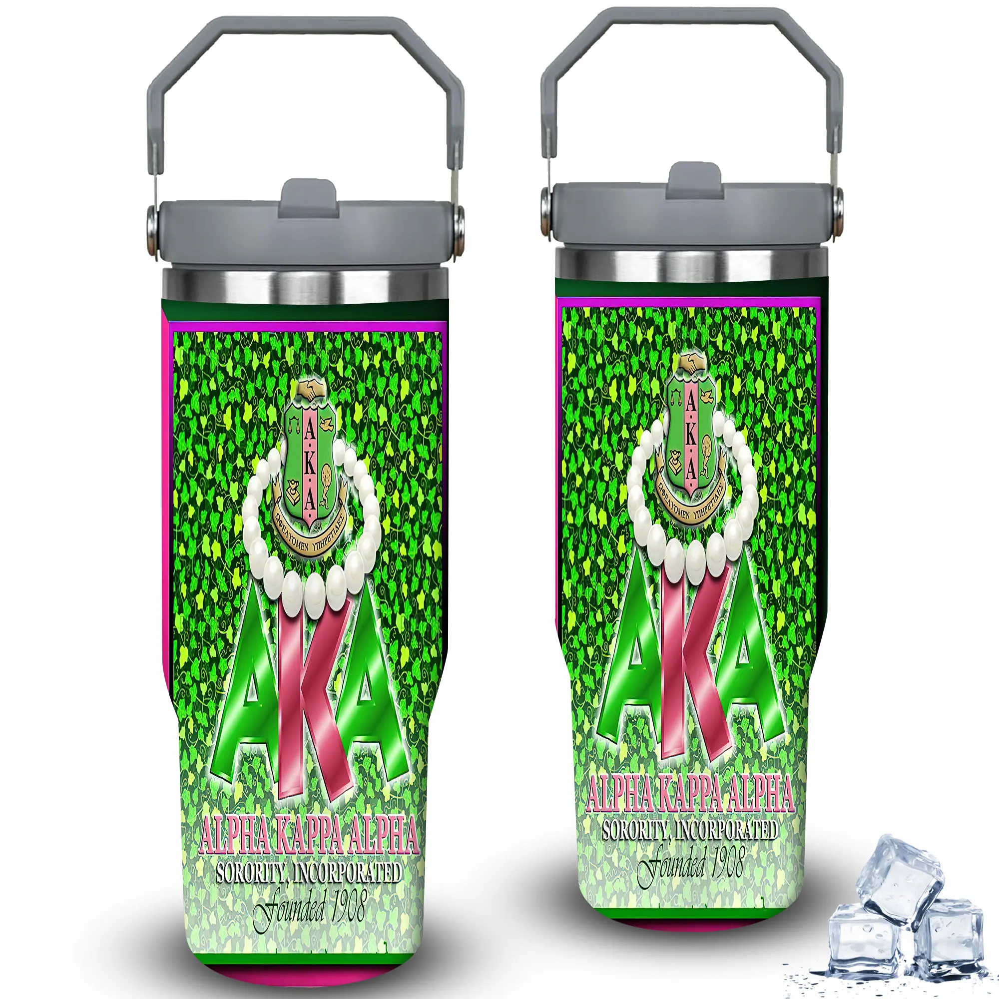 1pc 30oz Green and Pink Alpha Kappa Alpha Sorority Insulated Travel Tumbler with Lid, Vacuum Flask Coffee Cup, Ideal Gift for Women, Perfect for Birthday Celebrations, Flasks
