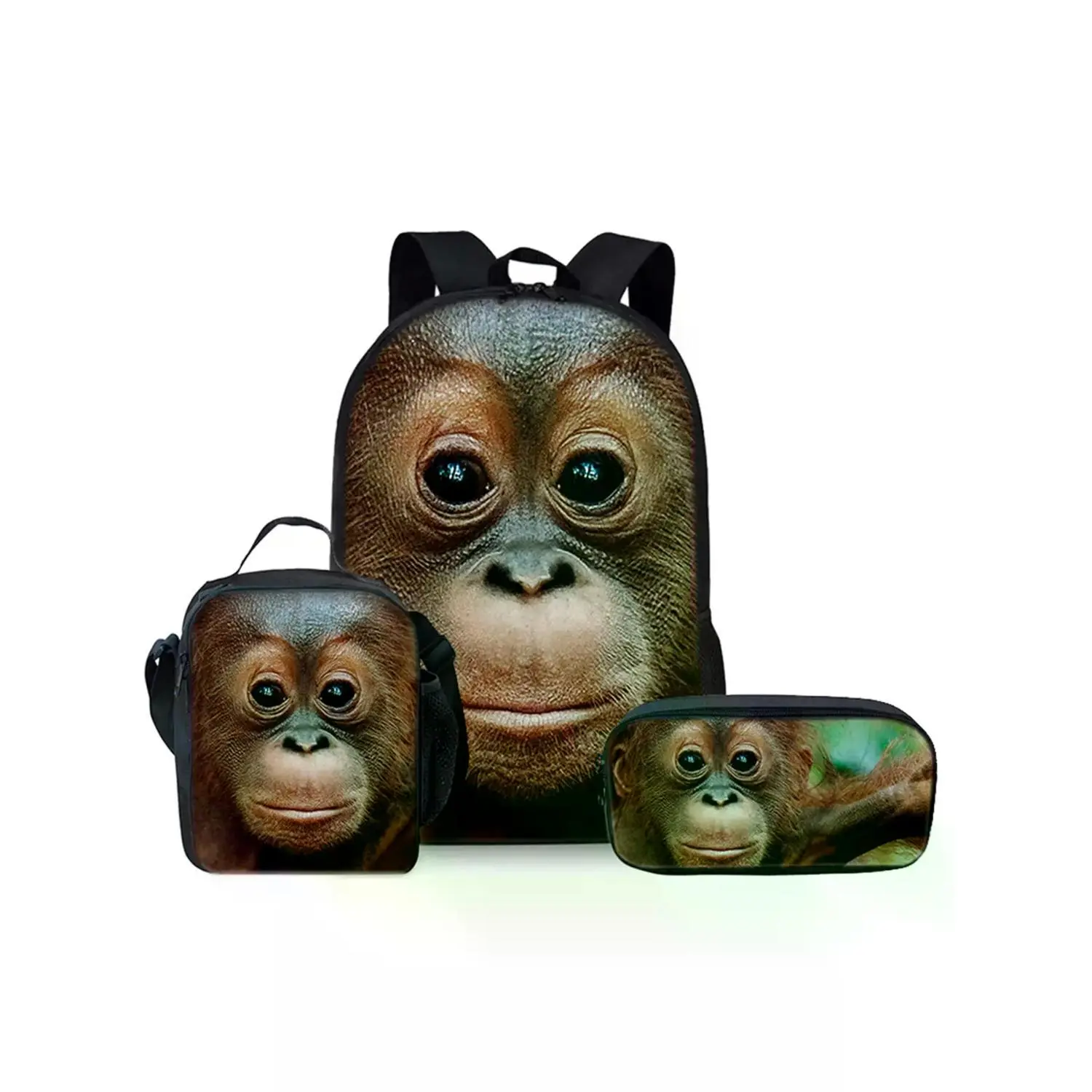 Adorable Little Monkey Pattern 17-Inch Backpack Set: Single-Layer Backpack, Shoulder Strap Lunch Bag, and Pencil Case