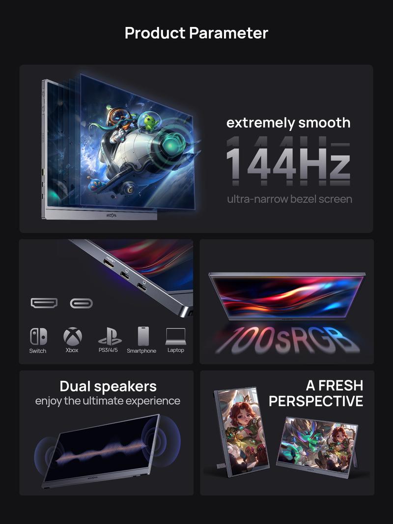 ARZOPA 16.1" 144Hz Gray Portable Gaming Monitor 100% sRGB 1080P FHD Ultra Slim External Second Screen Portable Monitor Display for PS5 Xbox Switch2 Laptop PC Mac