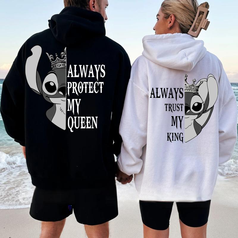 Stitch And Angel Couple Hoodies, Her King His Queen Sweatshirt, Matching Shirts, Matching Hoodies, Trendy Graphic Tee for Men & Women, Womenswear, Gift For Her & Menswear
