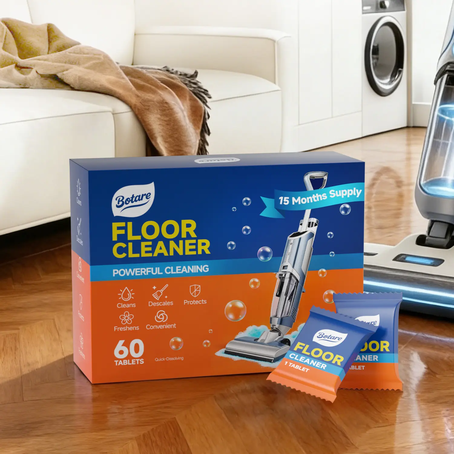 BOTARE Floor Cleaner Tablets - 60 Pack, Compatible with Wet Dry Vacuum & Robot Mops, Deep Clean for Wood, Tile, Laminate & More, Fresh Lemon Scent