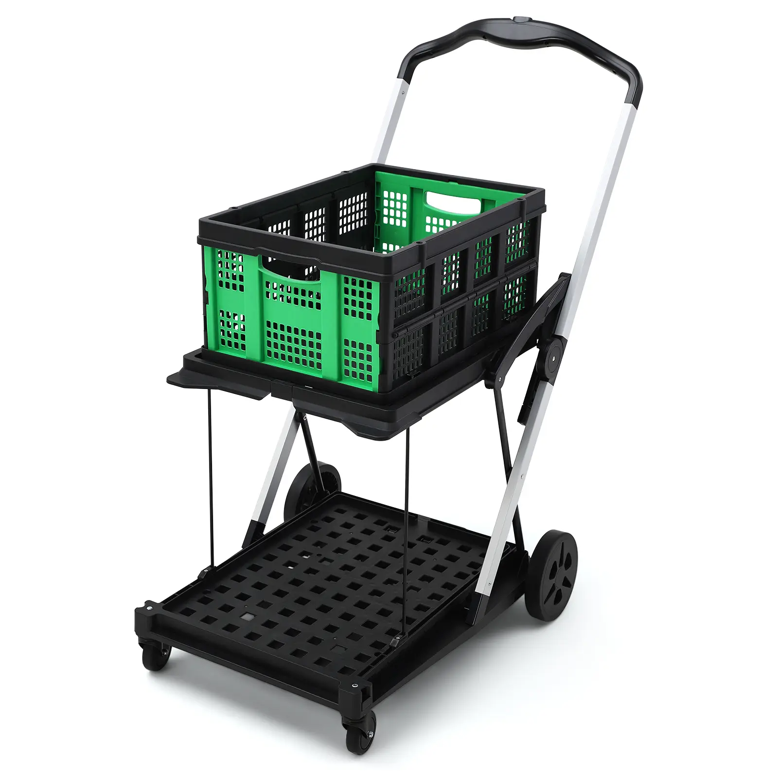 2-Tier Foldable Portable Aluminum Grocery Trolley, Portable Convenience Cart with Removable Crate, Collapsible Utility Cart on Wheels for Home Office (Green) - SummerVibes