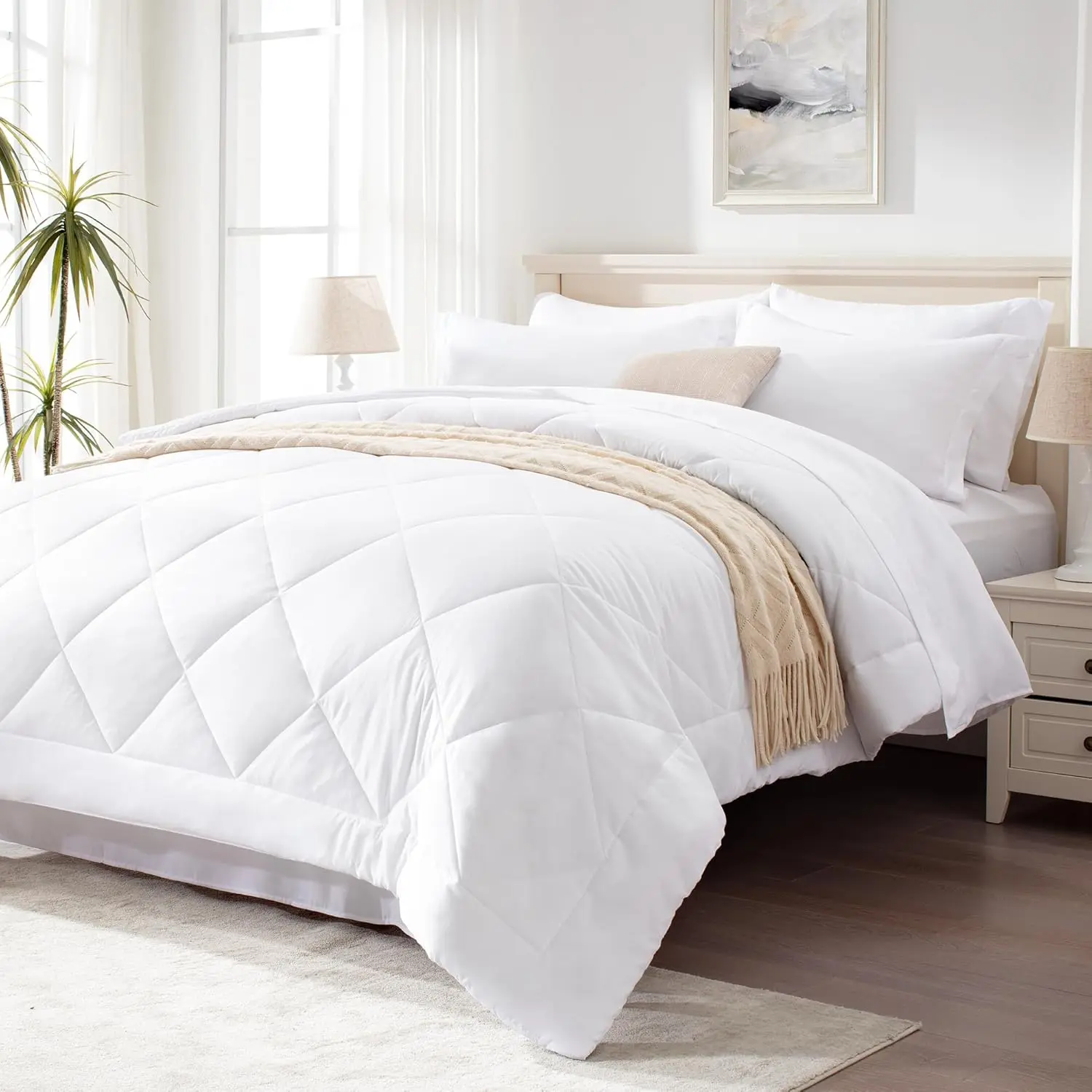 California King Comforter Set White, 7 Pieces California King Bed in a Bag, All Season Bedding Sets with 1 Comforter, 1 Flat Sheet, 1 Fitted Sheet, 2 Pillowcase and 2 Pillow Sham