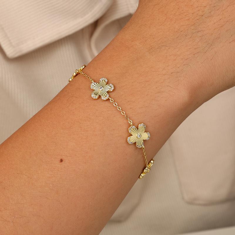 Tewiky Gold Five-Charm CZ Heart Bracelet with Laser Floral Details – Christmas Jewelry Gift for Her