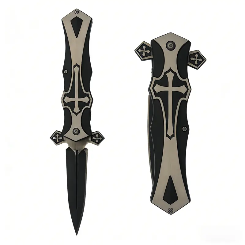 Cross Folding Knife / Black Pocket Knife / Everyday Carry Outdoor Knife