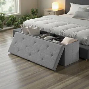 【NEW COLOR】Folding Storage Ottoman Bench, Foot Rest Stool with Padded Seat, Large Toy Box Storage Chest with Seatin, Holds up to 660 lb-Grey