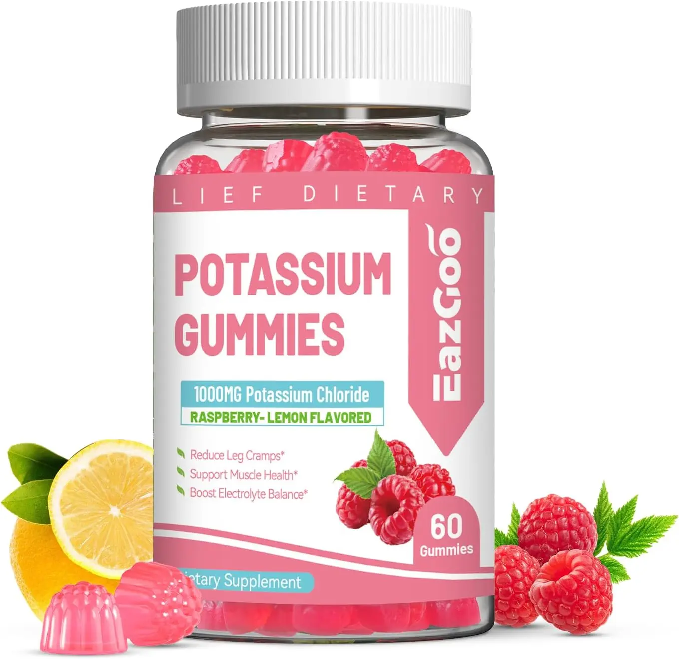Potassium Gummies, Potassium Chloride 1000mg for Adults, Chewable Potassium Supplement for Women & Men, Support Leg Cramps & Muscle Health - Sugar-Free, Vegan,60 Count