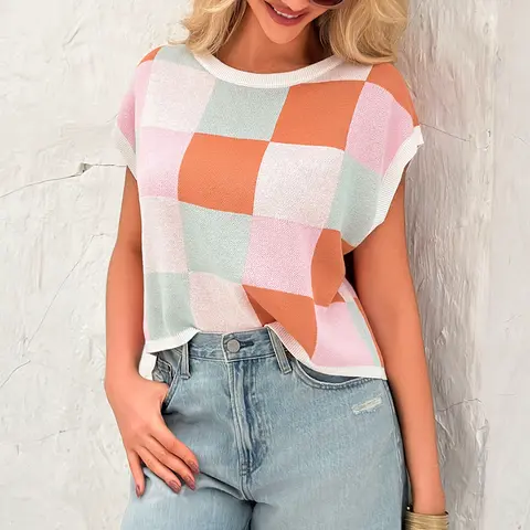 Saodimallsu Women's 2026 Trend Color Block Knit Crop Top - Loose Casual Cap Sleeve Crew Neck Lightweight Cute Pullover Knitwear for Summer, Back to School, Crop Tops