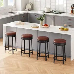 Set of Swivel Bar Stools – 24.4'' Counter Height, Backless Round Seat, Waterproof PU Leather, Metal Frame and Footrest, For Kitchen Island or Home Bar, Brown, 4PCs