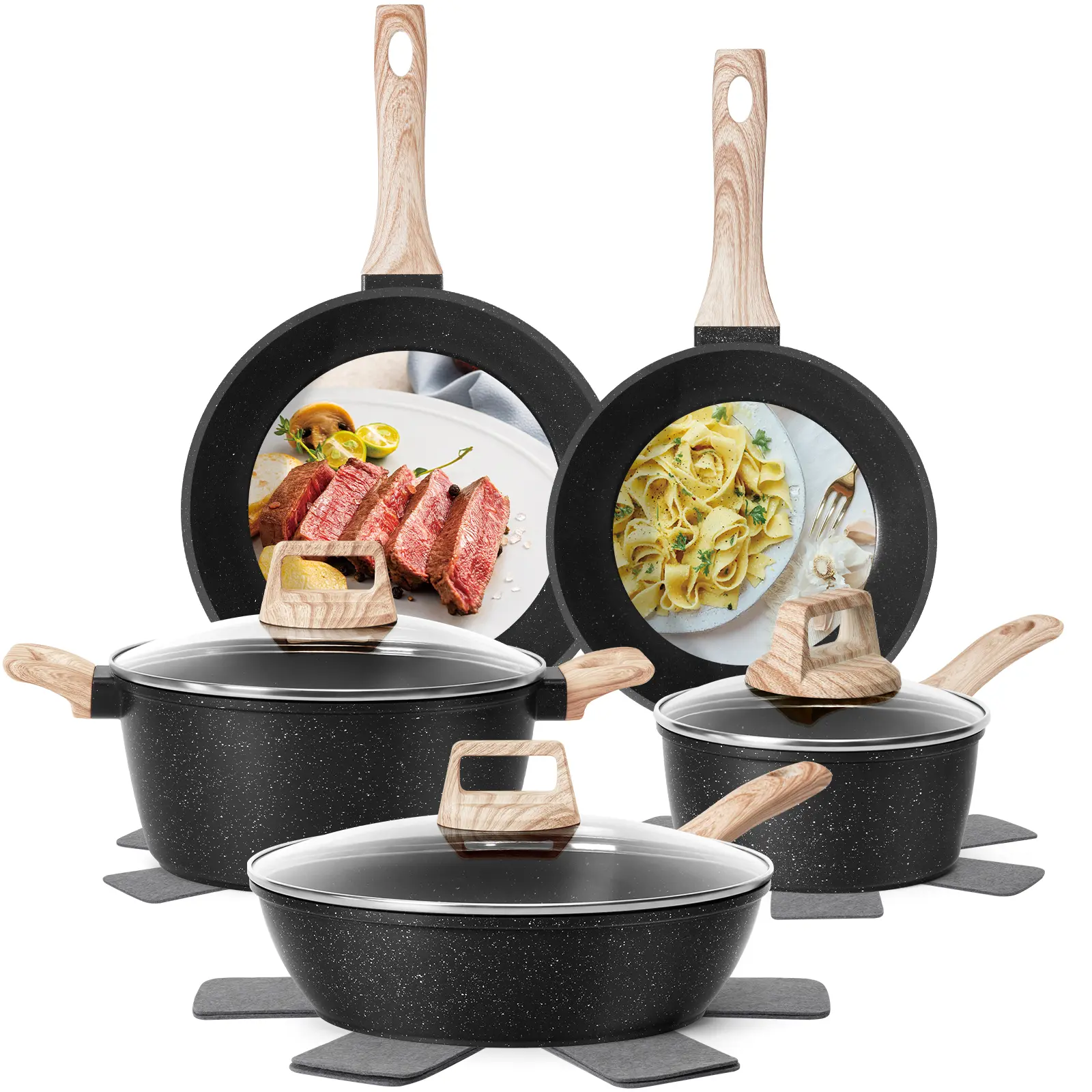 SODAY 12 Pcs Pots and Pans Set Non Stick Kitchen Cookware Sets Nonstick Induction Cookware Black Granite Cooking Set with Frying Pans, Saucepans, Silicone Shovel Spoon & Tongs (NO PFOS, PFOA)  cookware,backtoschool, glowup