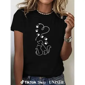 Line Art Pet Lover Tee – Heart-Shaped Cat & Dog Paw Print Graphic