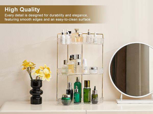 UFORU 3 Tiers Corner Bathroom Counter Organizer, Clear Countertop Shelf Storage Rack, Cosmetic Perfume Tray Standing Holder with Gold Metal Pole, Skincare Sink Organizer for Vanity Kitchen Transparent Smooth